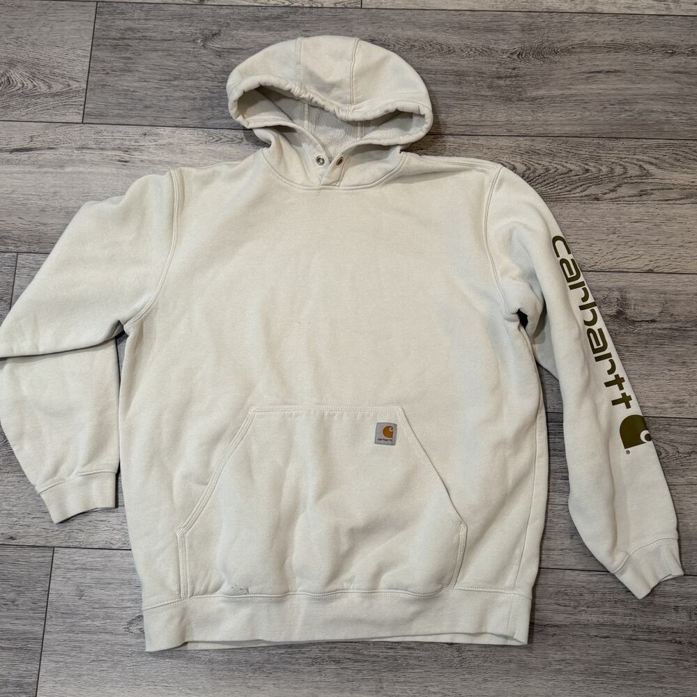 Carhartt Hoodie Mens XL Gray Sweatshirt Pullover Loose Fit Sleeve Brown Spellout